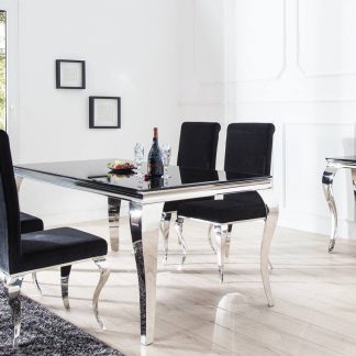 Modern barock elegancki stół do jadalni w stylu glamour z czarnym blatem i srebrnymi nogami 180 cm