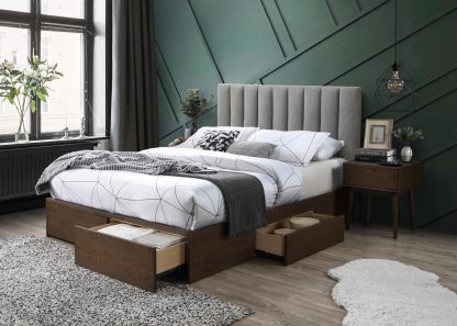 łóżko nowoczesne z wezgłowiem -popielaty/orzech - pojemniki na pościel - 160 x 200 cm - igorash