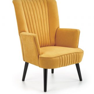 fotel nowoczesny - tkanina velvetowa - drewniane nogi - ozdobne przeszycia - sierra musztardowy