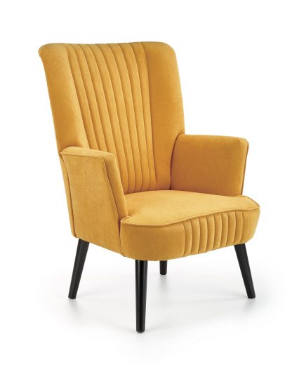 fotel nowoczesny - tkanina velvetowa - drewniane nogi - ozdobne przeszycia - sierra musztardowy