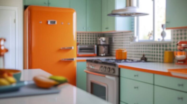 Kuchnia w stylu retro z miętowo-zielonymi szafkami, pomarańczową lodówką, pomarańczowymi akcentami, kuchenką i wzorzystymi zielonymi kafelkami, a wszystko to w jasnym, słonecznym otoczeniu.